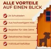A close-up marketing image of a wooden advent calendar shaped like a winter house, with text highlighting its features. Produktbild-Vorschau