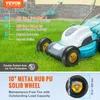 A close-up of a lawnmower wheel with marketing text and graphics overlaid. Produktbild-Vorschau