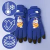 A pair of blue children's winter gloves with an astronaut and planet design, shown with feature icons. Produktbild-Vorschau