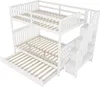 A white triple bunk bed with a pull-out trundle bed and a staircase with storage compartments. Produktbild-Vorschau
