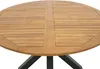 A close-up view of a round wooden garden table with a dark metal base. Produktbild-Vorschau