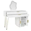 A white vanity table with a unique mirror and gold accents, shown against a white background. Voir les images du produit
