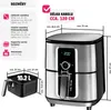 Diagram showing the dimensions and features of an air fryer. Náhled obrázku produktu