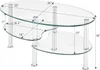 A glass coffee table with multiple tiers and metal legs, with dimensions indicated by text overlays. Náhľad obrázku produktu