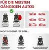 The image shows compatibility information for car seat covers, with sections for "Suitable for most common cars" and "Not suitable for seats". It includes illustrations of car seats and various car types. Produktbild-Vorschau