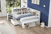 A bedroom scene with a white bed, shelves, and drawers, showcasing storage and a cozy atmosphere. Produktbild-Vorschau