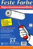 A hand holding a paint roller applying white paint to a blue wall. Produktbild-Vorschau