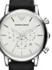 A close-up, front-facing view of an Emporio Armani watch with a white dial and a black leather strap. Produktbild-Vorschau