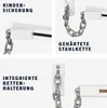 A collage of close-up images showing different features of a white door chain lock. Produktbild-Vorschau