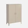 A beige metal cabinet with two doors and four legs, shown against a plain light gray background. Produktbild-Vorschau