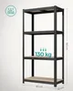 A black metal shelving unit with wooden shelves against a light gray background. Dimensions and weight capacity are indicated. Náhled obrázku produktu
