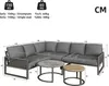 A diagram showing the dimensions of a garden lounge set, including a sofa and coffee tables. Produktbild-Vorschau