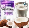 A bag of protein powder, a glass of protein shake, and coconuts are displayed. Produktbild-Vorschau