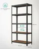 A tall, five-shelf storage unit with a dark metal frame and wood-effect shelves, shown against a plain light gray background. Dimensions and weight capacity are indicated with text and icons. Produktbild-Vorschau
