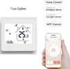 A smart thermostat and a smartphone displaying its app interface, with text overlays highlighting features. Produktbild-Vorschau