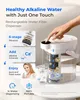 A lifestyle image showcasing a rechargeable water filter dispenser with accompanying informational graphics. Produktbild-Vorschau