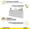 Marketing image detailing features of a white sideboard with text callouts and close-up images of components. Voir les images du produit