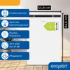 A white refrigerator with product features listed on blue panels to the left and dimensions and energy rating displayed on the right. Produktbild-Vorschau