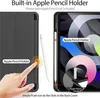 A split image showing a black iPad case on the left and an iPad with a case on the right, highlighting the Apple Pencil holder feature. Produktbild-Vorschau