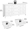 Diagrams showing the dimensions of a white dresser and its drawers, with weights indicating load capacity. Náhled obrázku produktu
