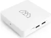 A white electronic device with a logo on top and ports on the side. Produktbild-Vorschau