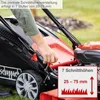 A person's hand is shown adjusting a lever on a red and black lawnmower, with grass in the foreground and background. Produktbild-Vorschau