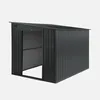 A dark gray metal garden shed with an open door, shown from a slightly angled front view against a white background. Produktbild-Vorschau