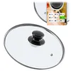 A glass pot lid with a black handle, shown from a diagonal top-down view. A small inset image shows a size chart with various diameter measurements. Produktbild-Vorschau