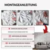 An instructional graphic showing how to install 3D wall panels, with accompanying text and a lifestyle image of the installed panels on a wall behind a sofa. Produktbild-Vorschau