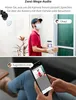 A split image showing a security camera's two-way audio feature. The top half shows a delivery person at a door, with a camera icon and speech bubbles indicating audio communication. The bottom half shows a person looking at a smartphone displaying a live  Anteprima dell’immagine prodotto