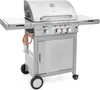 A stainless steel gas grill with side shelves and a storage cabinet. Náhled obrázku produktu