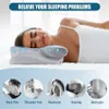 A woman sleeping on a pillow, with icons below illustrating various pain points that the pillow can help with. Anteprima dell’immagine prodotto