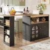 A kitchen island with storage, featuring a countertop extension that can serve as a bar or dining area. It is styled with kitchen items and decor. Voir les images du produit