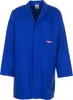 A blue work coat is displayed flat against a white background. Produktbild-Vorschau