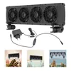 A black aquarium fan cooler with four fans, its power adapter, and a controller, shown against a white background. Below are three lifestyle shots of the cooler in use on aquariums. Produktbild-Vorschau