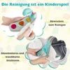 The image shows two scenarios related to cleaning a baby product. The top part shows a hand wiping a toy with a tissue, and the bottom part shows a hand placing a cushion into a washing machine. Podgląd zdjęcia produktu