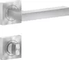 A modern, brushed metal door handle set with a square base and a rectangular lever, shown alongside a matching square-based knob. Produktbild-Vorschau