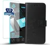 A black flip phone case with floral embossing and a screen protector are displayed against a white background. Produktbild-Vorschau