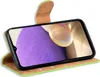 A book-style phone case is shown open, displaying a smartphone screen with a purple textured background and a yellow circular object. The case is lime green with brown interior accents. Produktbild-Vorschau
