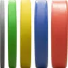 Five Olympic weight plates of different colors lined up against a white background. Produktbild-Vorschau
