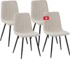 Four beige dining chairs arranged in a group against a white background.
