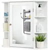 A white bathroom cabinet with a mirror, shelves, and various bathroom accessories. Produktbild-Vorschau