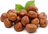 A pile of hazelnuts with two green leaves on a white background. Produktbild-Vorschau
