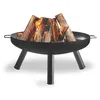 A black metal fire pit filled with burning logs, set against a white background. Produktbild-Vorschau