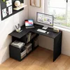 A black corner desk with a computer, laptop, and books. Produktbild-Vorschau