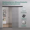 A glass sliding door for a home office, with informational callouts about its features. Produktbild-Vorschau