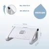 A white ergonomic footrest with dimensions and adjustability information. Produktbild-Vorschau