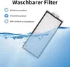 A vacuum cleaner filter is shown partially submerged in water, with text highlighting its features. Produktbild-Vorschau