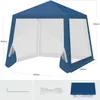 A blue gazebo with white mosquito netting sides, shown with dimensions and included accessories. Produktbild-Vorschau