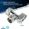 A close-up marketing image of a chrome-plated shower joint piece with text overlays and branding. Produktbild-Vorschau